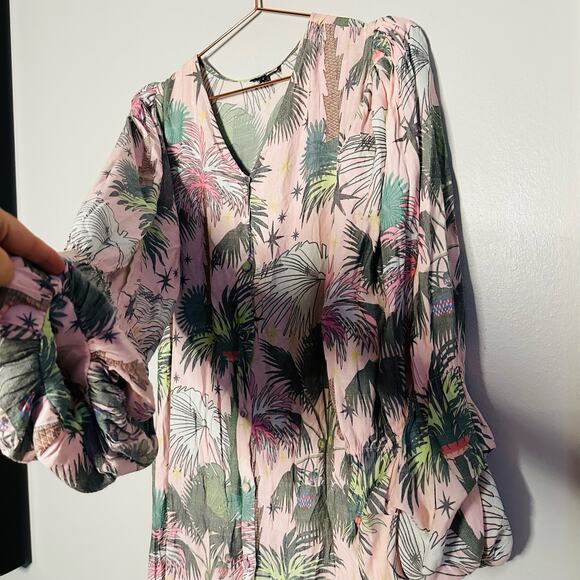 LoboRosa Pink Floral Puff Sleeve Palms Button Front Up Dress Size Large - Picture 7 of 16